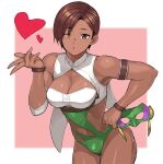  1girl blush brown_eyes brown_hair dark_skin dead_or_alive heart kiss leather lisa_hamilton luchador mariposa mask muscular one_eye_closed open_mouth pink_background pose short_hair solo umaguti wrestling wrestling_outfit 