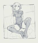  1girl breasts closed_mouth feet greyscale hair_rings highres kotoyama legs looking_at_viewer monochrome nanakusa_nazuna_(yofukashi_no_uta) ringed_eyes short_hair shorts solo sweater thighhighs turtleneck turtleneck_sweater yofukashi_no_uta 