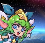  1girl animal_ears bangs blue_eyes bow bowtie earth_(planet) gloves green_bow green_bowtie green_hair grey_shirt hair_bow league_of_legends long_hair lulu_(league_of_legends) outdoors phantom_ix_row planet pointing shiny shiny_hair shirt solo space star_guardian_(league_of_legends) star_guardian_lulu teeth tongue upper_body upper_teeth white_gloves 