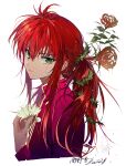  1boy blood blood_on_face blood_on_flower blood_on_hands commentary_request flower flower_request green_eyes highres holding holding_flower kurama_(yu_yu_hakusho) medium_hair parted_lips plant red_hair shiny shiny_hair simple_background suou thorns vines white_background yu_yu_hakusho 
