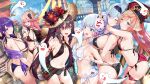  6+girls akusema antlers arched_back ass bangs bare_shoulders between_breasts bikini black_bikini black_flower black_rose blue_hair blue_sky blunt_bangs blurry blurry_background breasts bridge closed_mouth cloud cowboy_shot dango day eula_(genshin_impact) fangs fish flower food foreshortening fox_mask frilled_bikini frills from_side genshin_impact ghost goldfish green_eyes hair_between_eyes hair_flower hair_ornament hairband hand_on_hip hands_up hat hat_flower high_ponytail highres holding holding_food hu_tao_(genshin_impact) kamisato_ayaka large_breasts leaning_forward lower_teeth mask mask_on_head medium_breasts mole mole_under_eye mountain multiple_girls navel o-ring o-ring_bikini o-ring_top one_eye_closed open_mouth outdoors pink_hair purple_bikini purple_eyes purple_hair raiden_shogun red_bikini red_flower rose shawl shiny shiny_hair shoulder_blades side-tie_bikini skin_fangs sky small_breasts sparkle standing strap_gap straw_hat string_bikini swimsuit symbol-shaped_pupils teeth thigh_strap thighs twintails twisted_torso underboob wagashi water white_bikini yae_miko yanfei_(genshin_impact) 