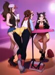  3girls bag bar_stool baseball_cap black_hair blue_eyes brown_hair commentary cup denim denim_shorts disposable_cup double_bun doughnut_hair_bun dress drinking_straw drinking_straw_in_mouth english_commentary full_body hair_bun hat highres hilda_(pokemon) indoors legwear_under_shorts long_hair looking_away marnie_(pokemon) micro_shorts multiple_girls panties pantyshot pink_dress pointing pokemon pokemon_(game) pokemon_bw pokemon_bw2 pokemon_swsh ponytail rosa_(pokemon) shorts sidelocks sketch stool table tarakanovich underwear visor_cap yellow_shorts 