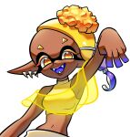  1girl :d arm_up bare_shoulders blonde_hair breasts brown_lips colored_eyelashes colored_skin crop_top cross-shaped_pupils dark-skinned_female dark_skin earrings fangs food food_on_head forehead frye_(splatoon) gradient_skin highres jewelry lips long_hair medium_breasts multicolored_hair multicolored_skin multiple_earrings mumiyon navel object_on_head pointy_ears poncho purple_hair purple_skin see-through simple_background sleeveless smile solo splatoon_(series) splatoon_3 tempura tentacle_hair two-tone_hair two-tone_skin white_background yellow_crop_top yellow_eyes 