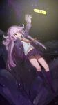  1girl :o absurdres arm_up bangs black_background black_gloves black_jacket boots braid bullet collared_shirt danganronpa:_trigger_happy_havoc danganronpa_(series) dou_bai gloves highres jacket kirigiri_kyouko knee_boots long_hair long_sleeves miniskirt multicolored_background navel necktie open_clothes open_jacket open_mouth orange_necktie pink_eyes pink_hair pleated_skirt purple_background purple_footwear shiny shiny_hair shirt skirt solo translation_request white_skirt 