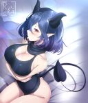  1girl absurdres bare_shoulders bottomless breast_hold breasts demon_girl demon_tail highres horns kinsou_no_vermeil large_breasts looking_at_viewer meme_attire pointy_ears purple_hair ryncka short_hair tail vermeil_(kinsou_no_vermeil) virgin_killer_sweater 