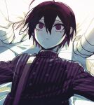  2boys 50k_v3 ahoge bangs bed_sheet black_hair buttons commentary_request danganronpa_(series) danganronpa_v3:_killing_harmony double-breasted hair_between_eyes highres jacket long_sleeves looking_up male_focus multiple_boys ouma_kokichi red_eyes red_jacket saihara_shuuichi short_hair solo_focus striped striped_jacket 