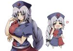  1girl =_= breasts chibi commentary_request grey_hair hand_on_own_face hat heart hidefu_kitayan highres large_breasts long_braid long_hair looking_at_viewer nurse nurse_cap open_mouth pose purple_eyes touhou white_background yagokoro_eirin 