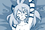  2022 3:2 anonymous_artist anthro blue_and_white blush bodily_fluids breasts chest_tuft digital_media_(artwork) ears_up felid female flora_(twokinds) fur hair keidran looking_pleasured lying mammal moan monochrome nude on_back one_eye_closed open_mouth pantherine shaking solo striped_body striped_fur stripes suggestive sweat text tiger tuft twokinds webcomic webcomic_character 