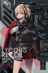  1girl artist_name assault_rifle black_gloves blonde_hair bulletproof_vest character_name chewing_gum collared_shirt copyright_name english_text gloves gun handgun headphones headset highres holding holding_gun holding_weapon holster jacket jacket_on_shoulders long_sleeves looking_at_viewer lycoris_recoil magazine_(weapon) microphone miniskirt neko_(yanshoujie) nishikigi_chisato one_side_up pleated_skirt red_eyes red_jacket red_ribbon red_skirt ribbon rifle shirt short_hair skirt smoke_grenade solo thigh_strap thighs trigger_discipline weapon weapon_request white_shirt 