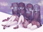  1other 25-ji_night_code_de._(project_sekai) 3girls akiyama_mizuki alternate_hairstyle asahina_mafuyu bangs bare_legs commentary dress english_commentary hair_between_eyes highres knee_up knees_together_feet_apart knees_up long_hair long_hoodie looking_at_viewer matching_hairstyle medium_hair mixed-language_commentary multiple_girls muted_color neckerchief on_floor project_sekai sailor_collar sailor_dress school_uniform se_se_(sese_9) seiza shinonome_ena sidelocks sitting socks swept_bangs twintails very_long_hair wavy_hair yoisaki_kanade 