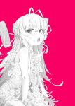  1girl al_azif antenna_hair bare_shoulders blush demonbane dress floating_headgear frilled_dress frills headgear highres long_hair monochrome open_mouth oyadi paid_reward_available red_background ribbon simple_background sleeveless sleeveless_dress solo tongue 