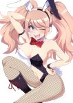  1girl animal_ears arm_up bangs bare_shoulders bear_hair_ornament black_footwear black_leotard blonde_hair blue_eyes blush boots bow bowtie breasts cleavage collarbone danganronpa:_trigger_happy_havoc danganronpa_(series) detached_collar enoshima_junko fake_animal_ears fishnet_pantyhose fishnets grey_background hair_ornament highres knee_boots large_breasts leotard long_hair navel official_alternate_costume one_eye_closed pantyhose playboy_bunny red_bow red_bowtie sharp_teeth shiny shiny_hair shiny_skin simple_background solo teeth tongue tsunemi_aosa twintails white_leotard 