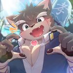  &lt;3 anthro blue_eyes blush canid canine canis domestic_dog eyebrows fur gesture grey_body grey_fur hand_heart hi_res lifewonders log_seo male mammal moritaka pawpads pecs scar solo thick_eyebrows tokyo_afterschool_summoners video_games 