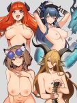  4girls :d absurdres animal_ears arknights arm_tattoo bagpipe_(arknights) black_skin blue_eyes blue_hair breasts breasts_apart brown_eyes brown_hair collarbone colored_skin commentary degenbrecher_(arknights) distr dragon dragon_girl dragon_horns english_commentary eyewear_on_head female_pubic_hair floating_hair goat_ears goat_girl goat_horns grey_background hair_between_eyes highres holding horns large_breasts ling_(arknights) long_hair looking_at_viewer medium_breasts multiple_girls nipples one_eye_closed orange_hair pointy_ears pubic_hair pubic_hair_peek purple_eyes sexually_suggestive short_hair sidelocks signature simple_background simulated_handjob smile sunglasses tattoo teeth upper_teeth utage_(arknights) 