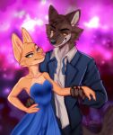  2022 anthro canid canine canis cheek_tuft clothed clothing diane_foxington dreamworks dress duo eyebrow_piercing facial_piercing facial_tuft female fox hand_holding hi_res jewelry male mammal mr._wolf_(the_bad_guys) necklace piercing signature smile suit the_bad_guys tuft wolf yamisu491 