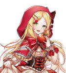  1girl :d apple apple_hair_ornament blonde_hair capelet clothes_lift commission corset food food-themed_hair_ornament frilled_capelet frills fruit green_eyes hair_ornament hood hooded_capelet little_red_riding_hood little_red_riding_hood_(grimm) long_hair long_sleeves looking_at_viewer misyune original puffy_long_sleeves puffy_sleeves shirt skirt skirt_lift smile white_shirt 