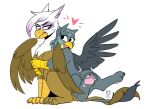  &lt;3 avian ears_back embrace friendship_is_magic gabby_(mlp) gilda_(mlp) gryphon hasbro hug hugging_from_behind my_little_pony mythological_avian mythology pivoted_ears redxbacon simple_background spread_wings talons white_background wings 