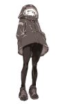  1girl cloak closed_mouth full_body greyscale hair_rings highres hood hooded_cloak kotoyama looking_at_viewer monochrome nanakusa_nazuna_(yofukashi_no_uta) pantyhose ringed_eyes shoes short_hair simple_background sneakers solo white_background yofukashi_no_uta 