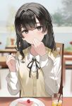  1girl aroa_(aroamoyasi) black_eyes black_hair black_ribbon blurry blurry_background blush braid cake cake_slice collared_shirt commentary_request covering_mouth cup dress_shirt drinking_straw eating finger_to_mouth food hand_over_own_mouth hands_up head_tilt highres holding holding_spoon long_hair long_sleeves looking_at_viewer neck_ribbon original plate ribbon school_uniform shirt sitting solo spoon table vest white_shirt yellow_vest 