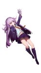  1girl :o absurdres arm_up bangs black_gloves black_jacket boots braid collared_shirt commentary_request danganronpa:_trigger_happy_havoc danganronpa_(series) dou_bai gloves highres jacket kirigiri_kyouko knee_boots long_hair long_sleeves miniskirt navel necktie open_clothes open_jacket open_mouth orange_necktie pink_eyes pink_hair pleated_skirt purple_footwear shiny shiny_hair shirt simple_background skirt solo white_background white_skirt 