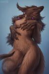  2022 anthro areola black_claws brown_body brown_ears brown_fur brown_inner_ear_fluff brown_tail canid cheek_tuft claws dated ear_piercing ear_ring eyes_closed facial_tuft featureless_crotch female front_view fur hi_res inner_ear_fluff leg_tuft lostgoose low-angle_view mahora_(lostgoose) mammal neck_tuft nipples nude piercing pinup pose red_areola red_nipples ring_piercing shoulder_tuft signature simple_background solo tuft whiskers 