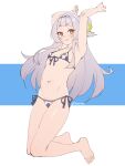  1girl :q animal_print armpit_crease armpits arms_up artist_name bare_legs barefoot bikini breasts commentary cow_print english_commentary front-tie_bikini front-tie_top full_body grey_hair highres hololive long_hair looking_at_viewer micro_bikini murasaki_shion navel orange_eyes print_bikini short_ponytail side-tie_bikini simple_background small_breasts solo stomach string_bikini swimsuit tilt-shift tongue tongue_out twitter_username very_long_hair virtual_youtuber 