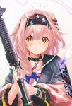  1girl absurdres ahoge animal_ears arknights braid cat_ears coat collar goldenglow_(arknights) hairband heart heart_ahoge highres holding holding_staff infection_monitor_(arknights) monge_baby pink_coat pink_hair portrait side_braid smile staff tears yellow_eyes 