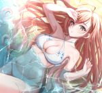  1girl :o ahoge arisugawa_natsuha bikini blush breasts cleavage groin halterneck highres idolmaster idolmaster_shiny_colors keshi_kado large_breasts long_hair looking_at_viewer lying navel o-ring o-ring_bikini on_back orange_hair outdoors partially_submerged shading_eyes solo sweatdrop swimsuit very_long_hair white_bikini 