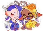  1boy 2girls :d big_man_(splatoon) blonde_hair blue_hair blue_skin chest_sarashi colored_eyelashes colored_skin crop_top cross-shaped_pupils dark-skinned_female dark_skin earrings eyeliner fangs folding_fan food food_on_head forehead frye_(splatoon) gradient_hair hachimaki hair_over_one_eye hand_fan headband jewelry long_hair makeup manta_ray multicolored_hair multicolored_skin multiple_earrings multiple_girls nejiri_hachimaki object_on_head octarian pointy_ears poncho purple_hair rapop red_eyeliner red_eyes red_skin sarashi see-through shiver_(splatoon) simple_background sleeveless smile splatoon_(series) splatoon_3 suction_cups tempura tentacle_hair two-tone_hair two-tone_skin v white_background yellow_crop_top yellow_eyes 