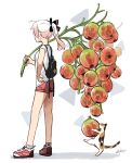  1girl absurdres ahoge backpack bag bangs calico flower flower_request from_behind hair_ribbon hand_on_hip hayato_noda highres holding holding_flower holding_plant long_hair original plant plant_request ponytail ribbon shirt shoes shorts sneakers t-shirt white_hair 