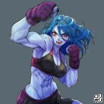  1girl abs biceps blue_hair blue_skin colored_skin fingerless_gloves gloves highres jamrolypoly long_hair looking_to_the_side muscular muscular_female open_mouth original punching red_eyes solo sports_bra sportswear sweat 