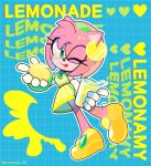  1girl ;p amy_rose animal_nose blush cup dress drink food fruit full_body gloves green_eyes green_hairband hairband highres holding holding_cup holding_food holding_fruit lemon lemonade looking_at_viewer one_eye_closed solo songsom_s2 sonic_(series) tongue tongue_out white_gloves 