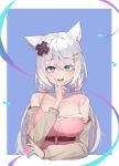  1girl absurdres animal_ears bangs bare_shoulders belt blue_eyes blush breasts cleavage collarbone cropped_torso fake_nails fangs fox_ears hand_up highres large_breasts long_hair long_sleeves looking_at_viewer meridian_project mizuki_(vtuber) multicolored_nails o-ring open_mouth ru_yan sanpaku simple_background smile solo star_(symbol) strap_slip swept_bangs twintails upper_body virtual_youtuber white_hair 