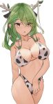  :&lt; animal_ears animal_print antlers arm_behind_back bangs bikini braid braided_bangs branch breasts ceres_fauna cleavage collarbone contrapposto cow_ears cow_print cowboy_shot extra_ears green_hair hair_between_eyes hair_over_one_eye highleg highleg_bikini highres hololive hololive_english large_breasts long_hair looking_at_viewer malvar mole mole_under_eye multicolored_hair signature simple_background streaked_hair swept_bangs swimsuit tsurime virtual_youtuber white_background yellow_eyes 