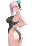  1girl adjusting_clothes ass black_ribbon blue_eyes breasts competition_swimsuit fate/grand_order fate_(series) fromgod_jungle hand_on_hip highres large_breasts looking_at_viewer miyamoto_musashi_(fate) miyamoto_musashi_(swimsuit_berserker)_(fate) one-piece_swimsuit ribbon sideboob simple_background solo swimsuit white_background 