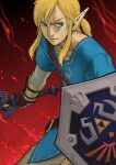  1boy 5tatsu belt belt_buckle blonde_hair blue_eyes blue_tunic buckle cowboy_shot earrings fiery_background fighting_stance fire hair_between_eyes highres holding holding_shield holding_sword holding_weapon hyrule_warriors jewelry link low_ponytail male_focus medium_hair pointy_ears shield short_ponytail shoulder_strap sidelocks solo sword the_legend_of_zelda the_legend_of_zelda:_breath_of_the_wild triforce weapon 