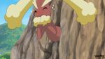  blush brown_body brown_fur cloud eyes_closed female fur hands_over_mouth hi_res lagomorph laugh lopunny mammal nintendo pink_eyes pok&eacute;mon pok&eacute;mon_(species) potateymatey rock stuck through_wall video_games yellow_body yellow_fur 