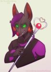  ambiguous_gender anthro black_clothing black_sclera black_topwear brown_horn bust_portrait clothing front_view fur glowing glowing_eyes green_eyes grey_body grey_ears grey_fur grin hair holding_object horn looking_at_viewer lostgoose portrait purple_clothing purple_hair purple_topwear red_horn red_inner_ear red_nose sharp_teeth simple_background smile solo teeth topwear white_background 