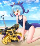  1boy 1girl alternate_costume beach blue_hair breasts buried dragon_girl dragon_horns dragon_tail duel_monster eldlich_the_golden_lord extra_eyes fang givelee highres horns laundry_dragonmaid ocean one-piece_swimsuit outdoors sand school_swimsuit shovel small_breasts smile sunglasses sunlight swimsuit tail yellow_eyes yu-gi-oh! 