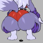  absurd_res anthro arm_warmers armwear big_butt bottomwear butt canid canine canis city clothing crouching english_text female five_nights_at_freddy&#039;s five_nights_at_freddy&#039;s:_security_breach grey_body hair hi_res huge_butt leg_warmers legwear macro mammal roxanne_wolf_(fnaf) scottgames shorts solo text thick_thighs video_games virito white_hair wolf 