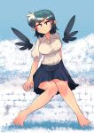  1girl barefoot bird_wings black_hair black_ribbon black_skirt black_wings breasts carte collared_shirt feet frilled_skirt frills highres large_breasts pointy_ears red_eyes ribbon shameimaru_aya shirt skirt solo toes touhou white_shirt wings 