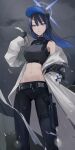  1girl absurdres bare_shoulders belt black_gloves blue_archive blue_eyes blue_hair breasts coat gloves halo hand_in_pocket hat highres knife long_hair looking_at_viewer midriff navel off_shoulder saori_(blue_archive) sheath sheathed solo suna6080 