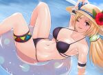  1girl absurdres aki_rosenthal armband armpits bare_shoulders bikini black_bikini blonde_hair blush breasts cleavage feet_out_of_frame flower hat hat_flower highres hololive innertube long_hair looking_at_viewer medium_breasts navel nonoririn one_eye_closed open_mouth purple_eyes sitting smile solo sun_hat swimsuit twintails virtual_youtuber water 
