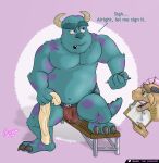  absurd_res annoyed anthro balls belly bench bodily_fluids bulge claws clothing disney dragon drooling duo feet fur garo_(artist) genital_fluids genitals hi_res holding_object jockstrap looking_away male male/male monster monsters_inc navel pecs pixar precum raised_leg saliva shaded simple_background slightly_chubby sulley text towel underwear 