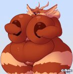  2021 antelope anthro belly big_belly big_breasts blue_eyes bovid breasts brown_body brown_fur cinnamon_(wackywalrus270) dedoarts female fur genitals holding_breast horn huge_breasts mammal overweight pussy signature simple_background smile solo tan_body tan_fur thick_thighs wide_hips 