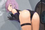  1girl absurdres against_wall ass black_leotard fate/grand_order fate_(series) from_behind highres leaning_back leotard looking_at_viewer looking_back mash_kyrielight pink_hair purple_eyes quatthro shield short_hair thick_thighs thigh_strap thighs 
