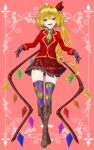  1girl :d alternate_costume ascot bangs black_gloves blonde_hair boots brown_footwear crystal dai_zu_san flandre_day flandre_scarlet frilled_skirt frills full_body gloves highres long_sleeves looking_at_viewer multicolored_clothes multicolored_legwear multicolored_wings one_side_up open_mouth plaid plaid_skirt red_background red_eyes red_skirt sharp_teeth simple_background skirt smile solo teeth touhou wings yellow_ascot 