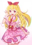  1girl :d aikatsu!_(series) aikatsu_friends! bangs blonde_hair blush bow bow_hairband brooch hair_ribbon hairband hand_up heart heart_brooch highres hoshimiya_ichigo jacket jewelry kowano long_hair looking_at_viewer necktie open_mouth petticoat pink_eyes plaid plaid_skirt pleated_skirt rainbow_gradient ribbon scribble short_sleeves single_wrist_cuff skirt smile solo very_long_hair wrist_cuffs 