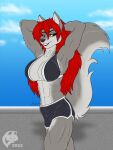  2022 abs anthro athletic athletic_anthro athletic_female big_breasts black_nose blue_eyes bottomwear bra breasts canid canine canis cleavage clothed clothing day digital_media_(artwork) female flat_colors fur ghostwolf grey_body grey_fur grin hair hands_behind_head long_hair looking_at_viewer luka_cross mammal midriff multicolored_body multicolored_fur navel outside pose red_hair shorts signature smile solo sports_bra standing tan_body tan_fur two_tone_body two_tone_fur underwear wolf 