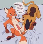  2022 anal anal_fingering anatomically_correct anatomically_correct_genitalia anthro bed bodily_fluids canid canine canis copper_(fath) cum cum_on_penis digital_media_(artwork) disney domestic_dog duo english_text fingering fox fox_and_the_hound fur furniture genital_fluids genitals hi_res machathree male male/male mammal paws penis precum red_body red_fur signature sweat text tod_(fath) young 